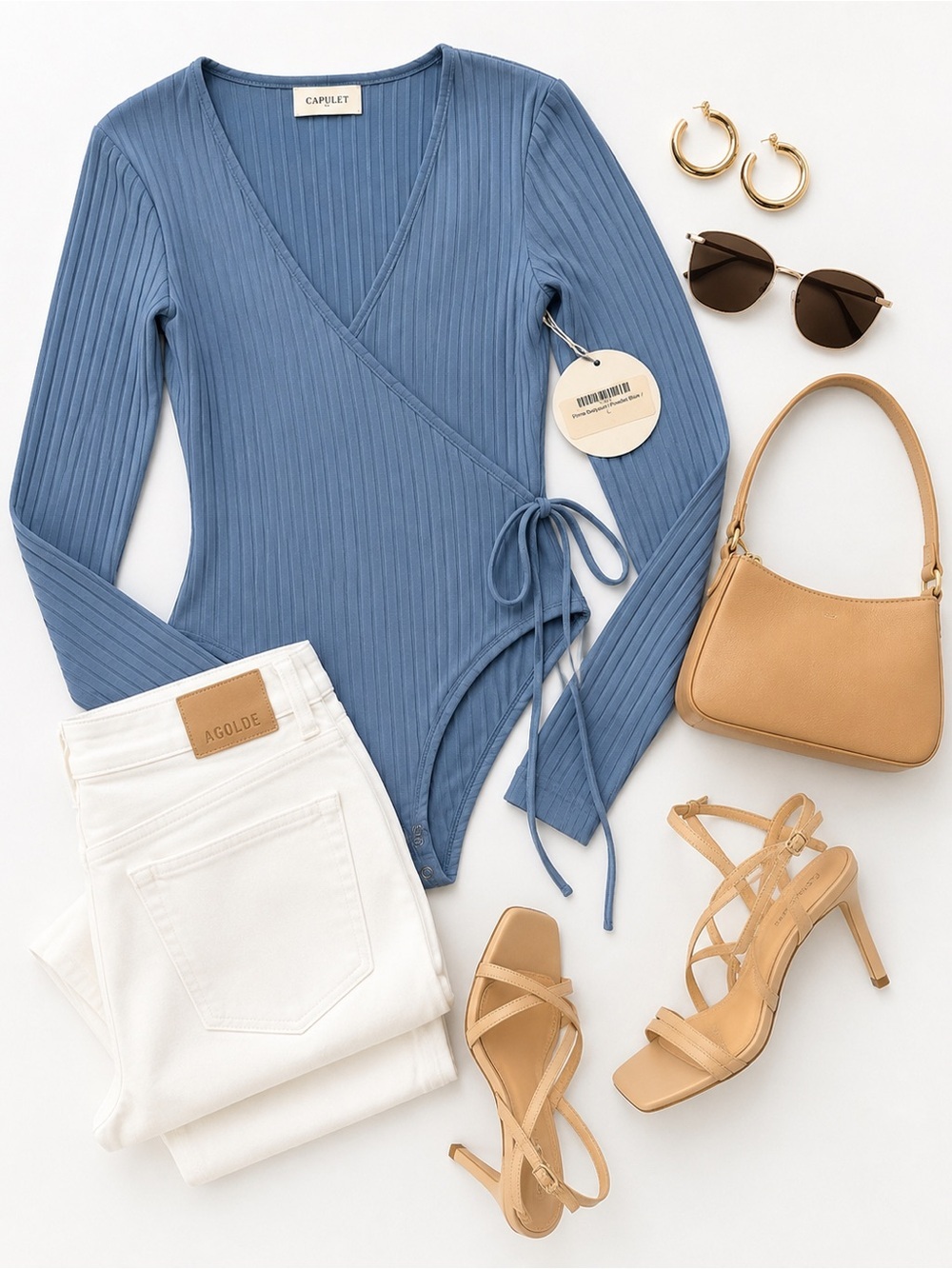CAPULET Ribbed Wrap Bodysuit Blue Gray Long Sleeve Side Tie Date Night Top - Picture 6 of 7